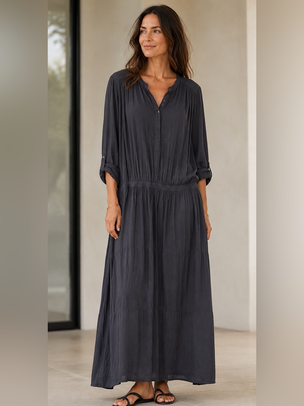 Standard James Perse Textured Henley Maxi Dress Charcoal 3 L